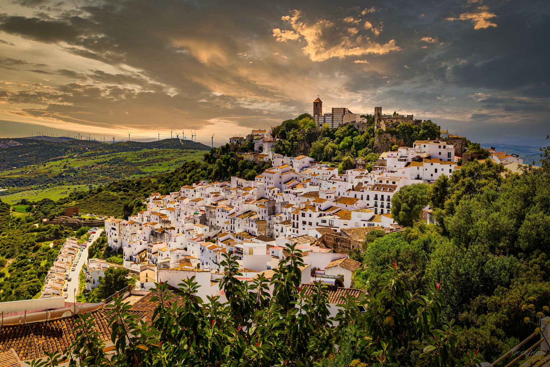 Vista panorámica de Casares con iglesia al fondo, sierra de Málaga